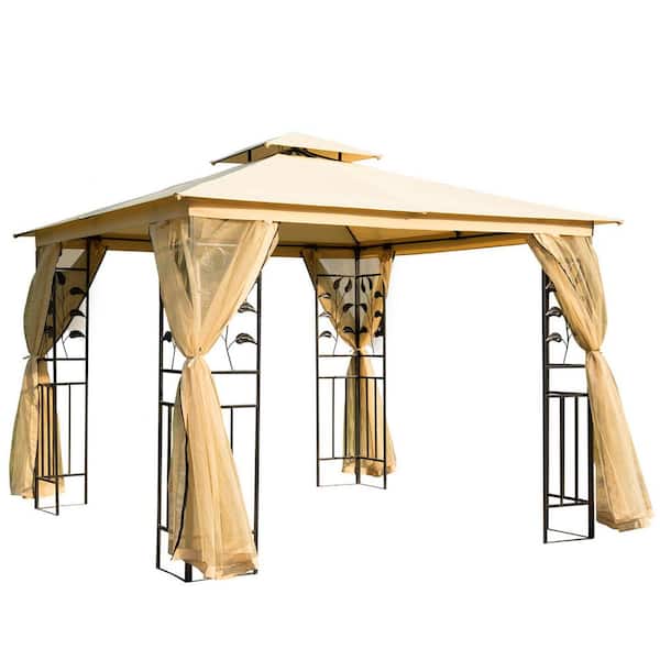 maocao hoom 10 ft. x 10 ft. Beige Metal Double Roof Outdoor Gazebo Canopy Shelter with Tree Motifs Corner Frame and Netting