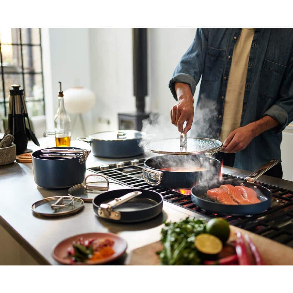 Blue Aluminum Non-Stick 10-Piece Cookware Set with Folding Handles