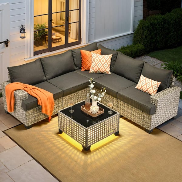 HOOOWOOO Kelleys 6-Piece Wicker Modern Outdoor Patio Conversation Sofa Sectional Set with Black Cushions