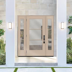 Legacy 64 in. x 80 in. Icon 3 Lite Modern Clear Glass RHOS Sandstn Mahogany Fiberglass Prehung Front Door Dbl 12 in. SL