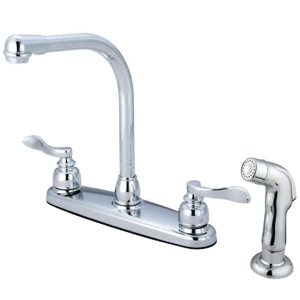 Kingston Brass NuWave French 2-Handle Deck Mount Centerset Kitchen Faucets with Side Sprayer in Polished Chrome