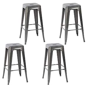 Zolnes 29 in. Kitchen Counter Height Silver Metal Stackable Bar Stools with Square Seat, Indoor Outdoor set of 4