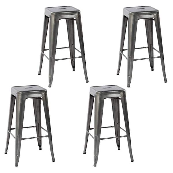 Homy Casa Zolnes 29 in. Kitchen Counter Height Silver Metal Stackable Bar Stools with Square Seat, Indoor Outdoor set of 4