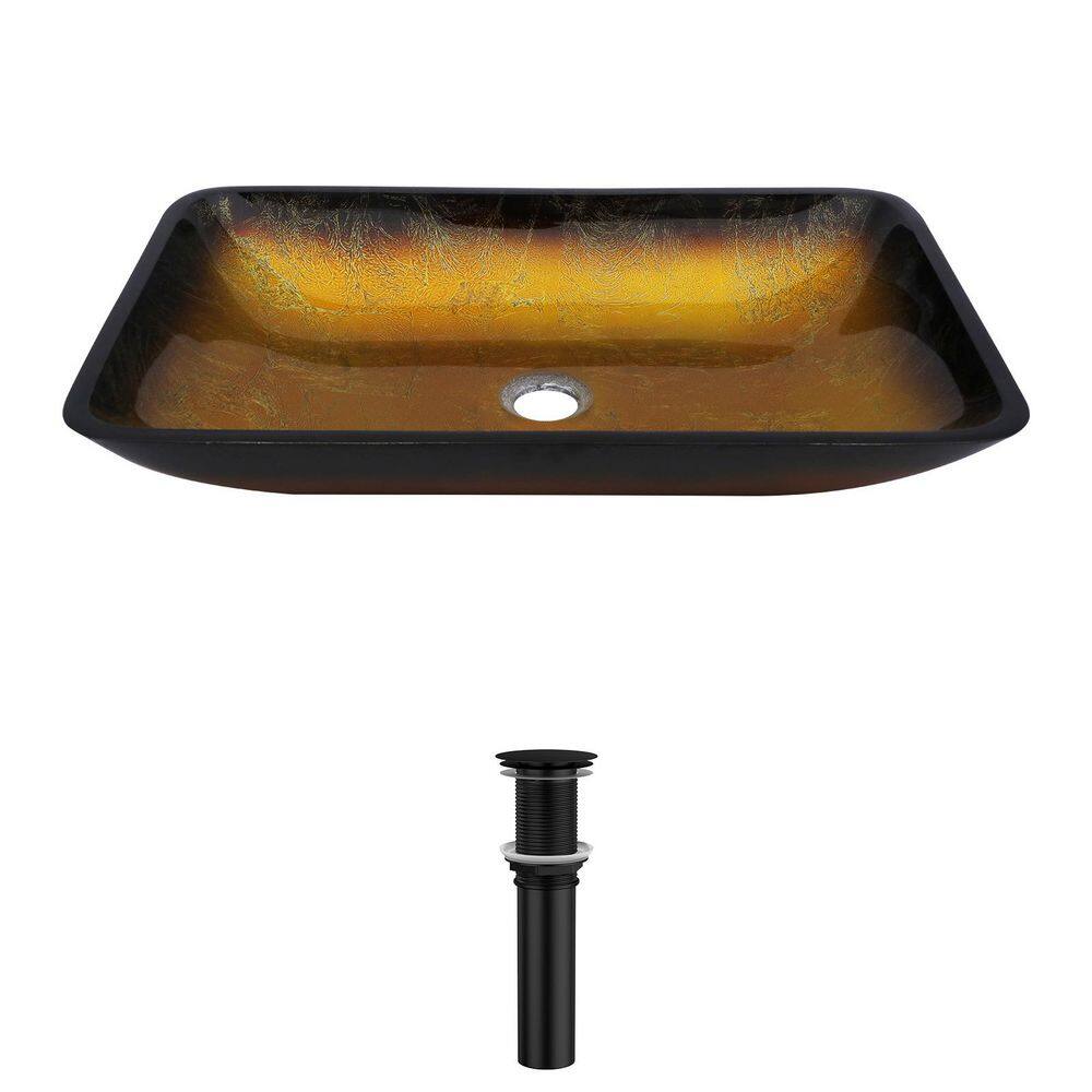 22 in. Rectangle Vessel Bathroom sink in Gold and Black Rim Glass with Black Pop-up Drain price history on PriceWatchPro