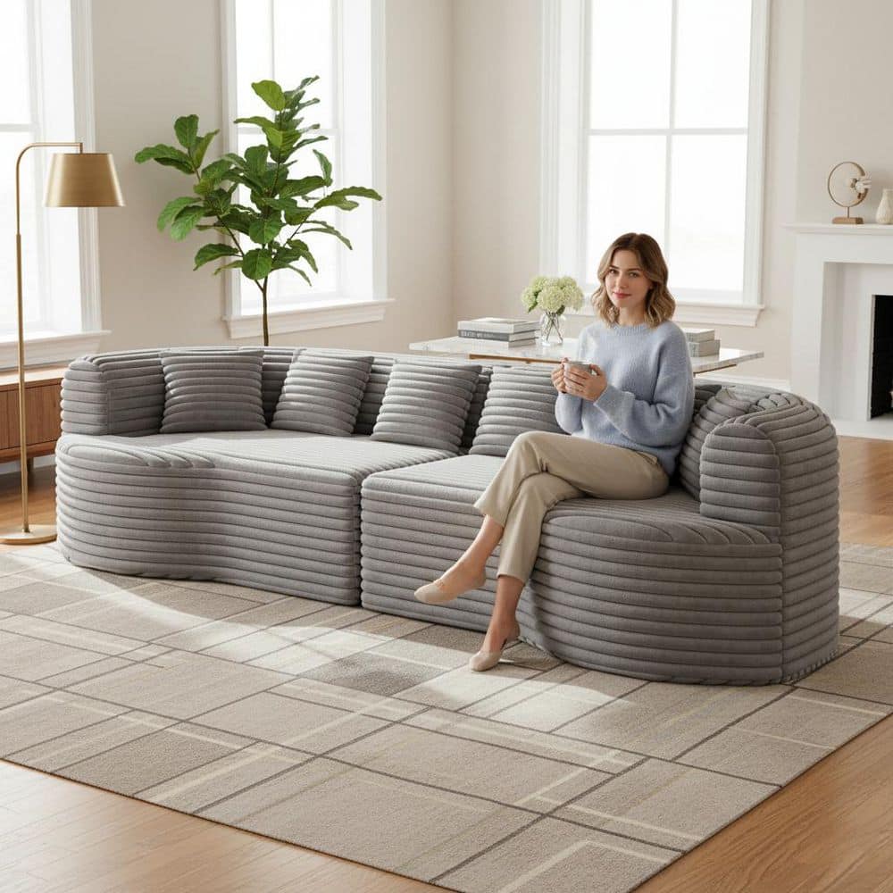 Homy Casa ETKO 106.3 in. Round Arm 1-Piece Corduroy Curved Deep Seat ...