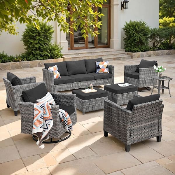Camden 8-Piece Wicker Patio Furniture Outdoor Patio Conversation Set with Black Cushion, Swivel Chair and Ottoman