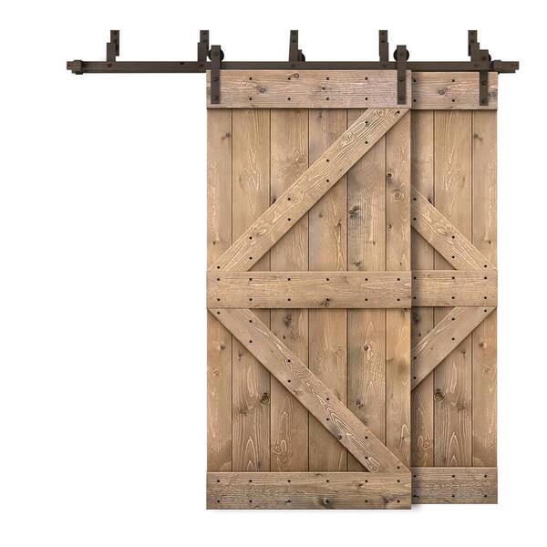 CALHOME 56 in. x 84 in. K-Bypass Light Brown Stained DIY Solid Wood Interior Double Sliding Barn Door with Hardware Kit