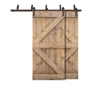 88 in. x 84 in. K Bypass Light Brown Stained DIY Solid Wood Interior Double Sliding Barn Door with Hardware Kit
