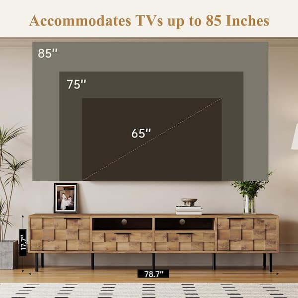 78.7 in. Mid Century Natural TV Stand with 2 Drawers and 2 Cabinets, Media Console for TVs Up to 85 in.