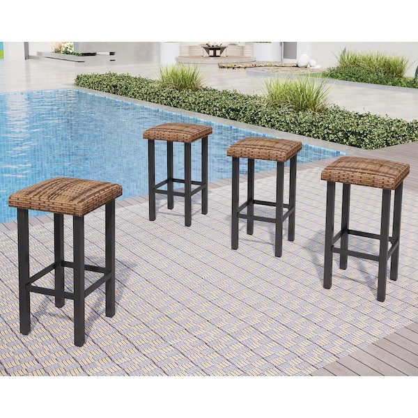 PHI VILLA Rattan Wicker Outdoor Bar Stool (4-Pack)