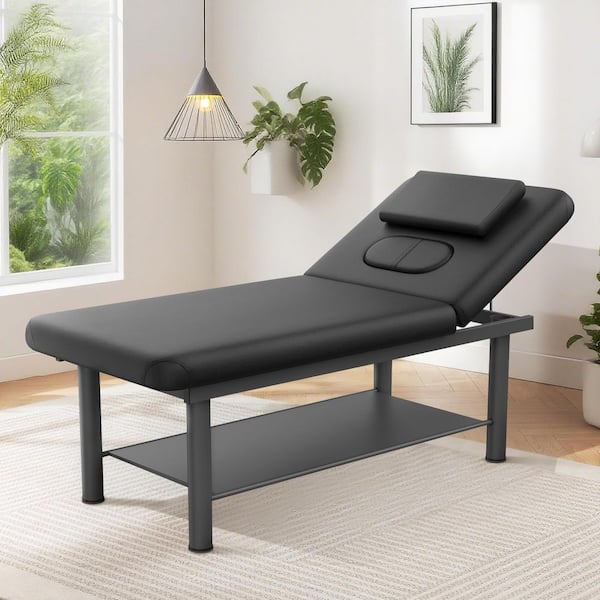 31.5 in. Black Beige Professional Massage Table Bed-Waterproof PU Leather Adjustable Chest Opening Round Iron Legs