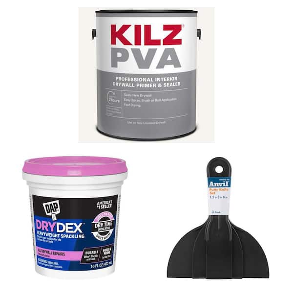 1 gal. White Interior PVA Drywall Primer, 16 oz. DryDex Spackling Paste, and Plastic Putty Knife Set
