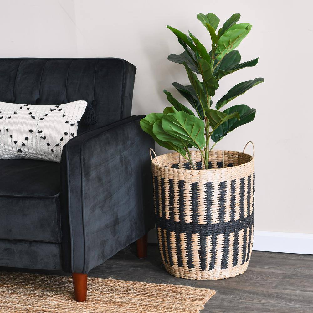 Natural and Black Seagrass Woven Storage Basket with Handles