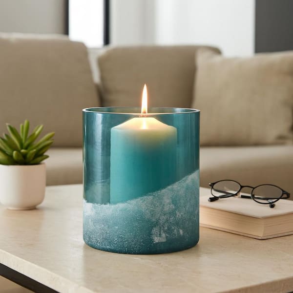 Blue 7 in. Glass Cylinder Frosted Bottom Hurricane Candle Holder
