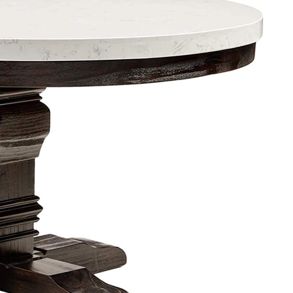 Salvage Dark Oak Round Extendable Dining Table with White Marble Top
