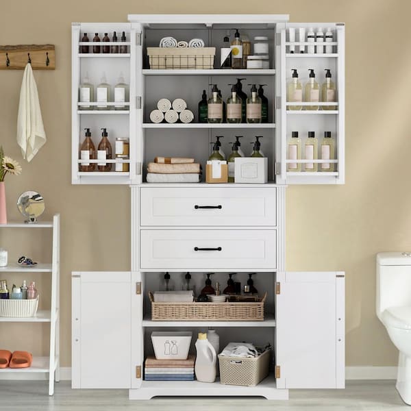 30 in. W x 15.75 in. D x 72.5 in. H White Wood Linen Cabinet Storage Cabinet W/ Adjustable Shelves, 2 Drawers