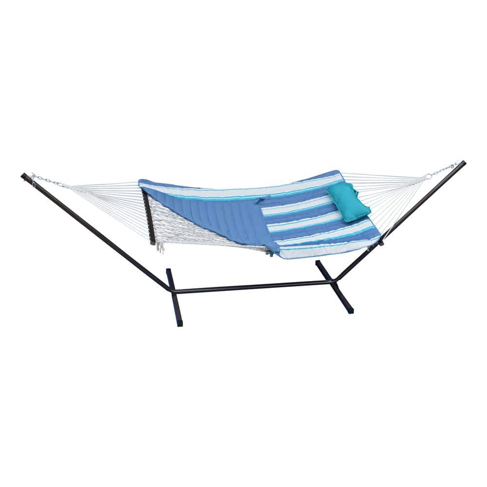 Blue Cotton Rope Hammock with Stand, Pad & Pillow