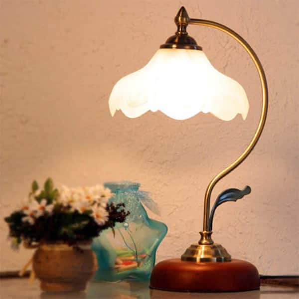 17 in. Vintage American Table Lamp with Petal Shade, E26 Base, Metal and Glass Body for Bedroom, Living Room, and Dining