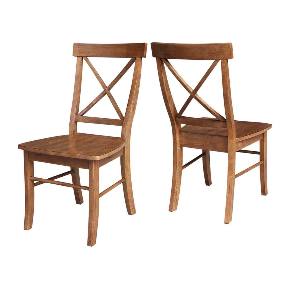 36" Distressed Oak Solid Wood Round Pedestal Table with 2 X-Back Chairs