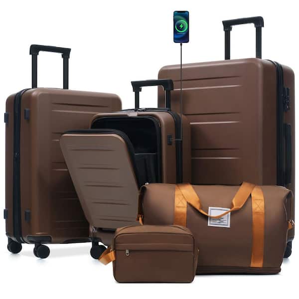 Merax 5 Bags 5-Piece Brown Expandable ABS Luggage Set with Duffel