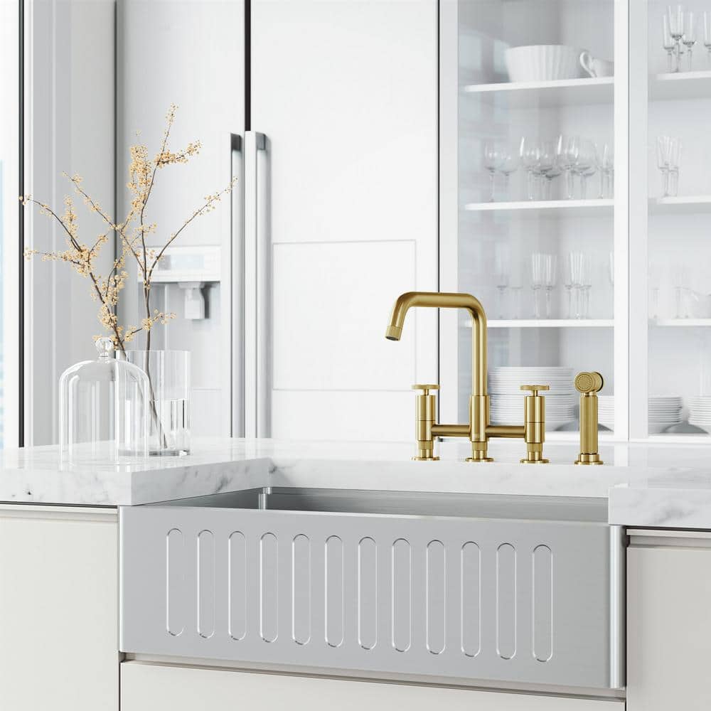 Matte Brushed Gold 12" Bridge Kitchen Faucet with Pull-Out Sprayer