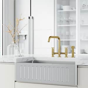Cass Double Handle 8 in. Widespread Bridge Kitchen Faucet with Pull-Out Sprayer in Matte Brushed Gold