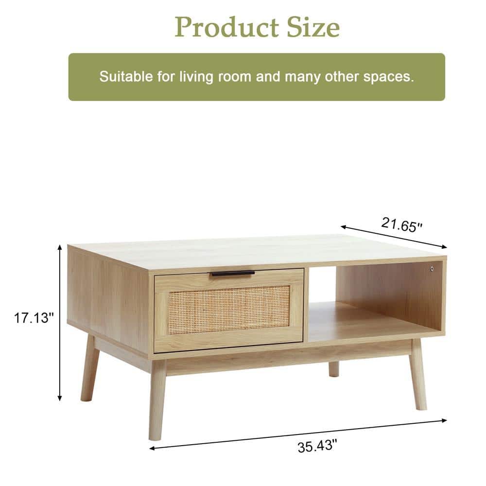 White Oak Finish Rectangular Wood Coffee Table with Storage