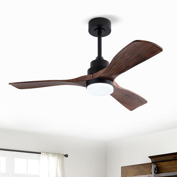 42 in. Smart Black 6-Speed Brown Blades 2-Size Downrod Mount Standard Ceiling Fan with 3-Color Dimmable LED Light