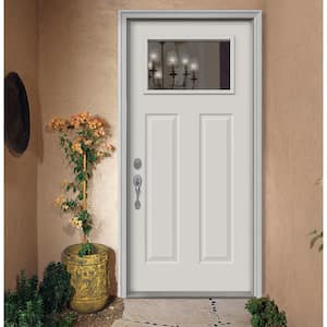 36 in. x 80 in. 1-Lite Craftsman White Painted Steel Prehung Right-Hand Inswing Front Door w/Brickmould