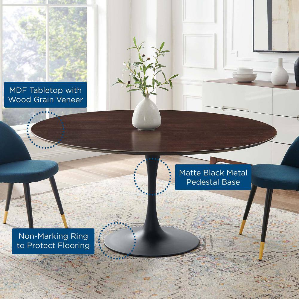 60" Round Cherry Walnut Wood Dining Table with Black Pedestal Base
