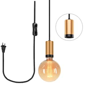 1-Light Brass with Black Vintage Pendant Fixture -10 ft. Black Fabric Cord, Plug-In with On/Off Switch