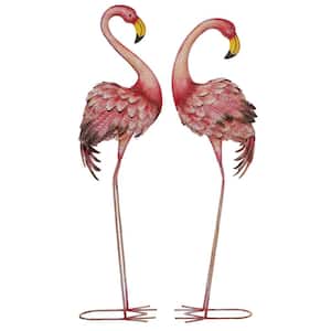54 in. Oversized Metal Indoor Outdoor Standing Flamingo Garden Sculpture with Coiled U Shaped Feet (2- Pack)