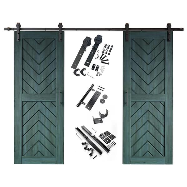 JT4 30 in. x 80 in. C-Panel Royal Pine Fishbone Design Double Pine Wood Sliding Barn Door with Hardware Kit