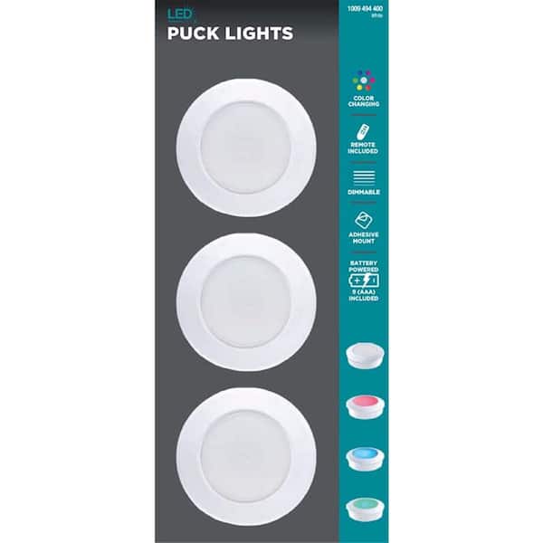 Defiant Battery Operated RGB Color Changing Dimmable LED White Puck Light  with Remote Control (3-Pack) H-86RF-RGB-3PK - The Home Depot