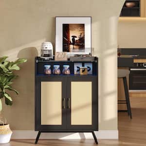 Black 27.56 in. LED Boho Accent Storage Cabinet with Glass Shelves and Ratten Door