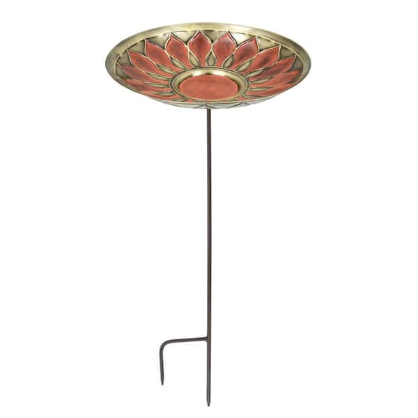 Red African Daisy Birdbath w/Stake, 39.5 in. Tall, Antique and Patina Finish