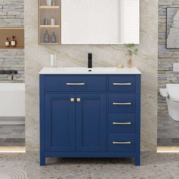 eclife 36 in. W x 19 in. D x 34 in. H 1-Sink Freestanding Bath Vanity in Blue with White Ceramic Top and Drain Faucet Set