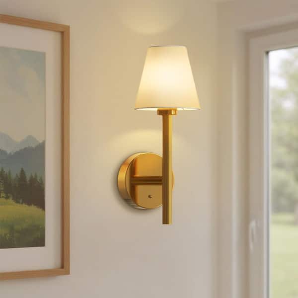 5 in. 1-Light Copper LED Wall Sconce Set of 2 with White Shade, Wireless Wall Lights for Bedroom, Living Room, Hallway