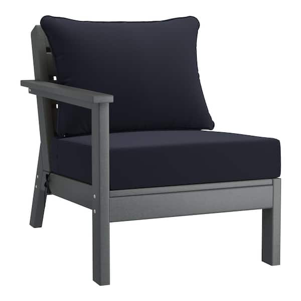 Birchwood Outdoor Patio Deep Seating Left Facing Arm HDPE Lounge Chair in Grey with Navy Blue Cushions