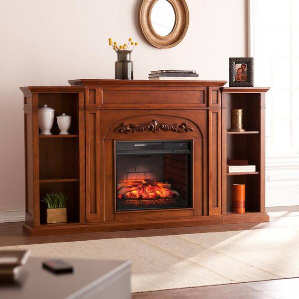 Southern Enterprises Binghamton 72.5 in W Bookcase Infrared Electric Fireplace in Autumn Oak