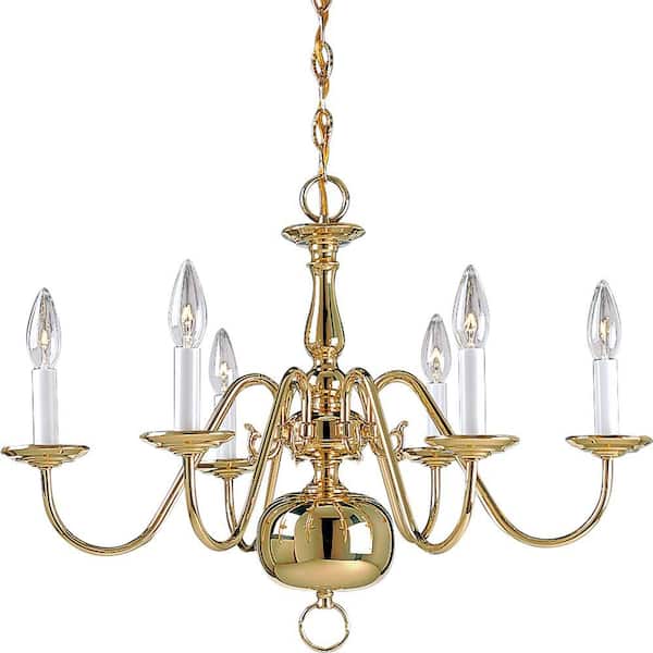 Progress Lighting Americana Collection 6-Light Polished Brass White Candle Traditional Chandelier Light