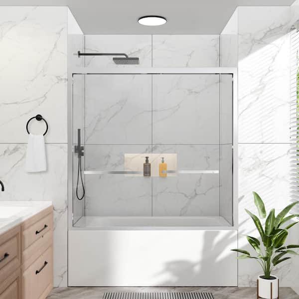 56-60 in. W x 58 in. H Double Sliding Framed Tub Door in Chrome with Tempered Clear Glass