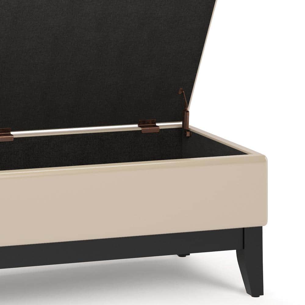 Satin Cream Tufted Faux Leather Footstool with Wooden Tray