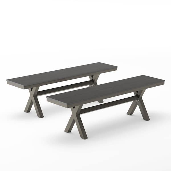LUE BONA 60 in.Alu Recycled Plastic Wood Outdoor Patio Benches X-Leg Dining Benches for Patio Garden Backyard-Dark Gray(Set of 2)