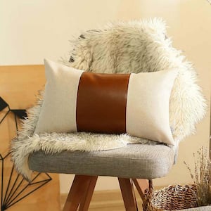 Boho-Chic Handcrafted Vegan Faux Leather Ivory and Brown 12 in. x 20 in. Lumbar Solid Throw Pillow Cover
