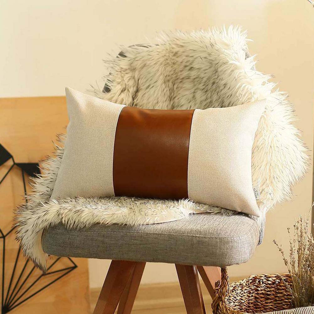 Ivory and Brown Faux Leather Lumbar Throw Pillow
