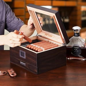 Cigar Humidor Glass Top Box Handmade Spanish Cedar Wood Cigar Desktop Cigar Storage Case 6 in. H 8.6 in. W 30-50 Cigars