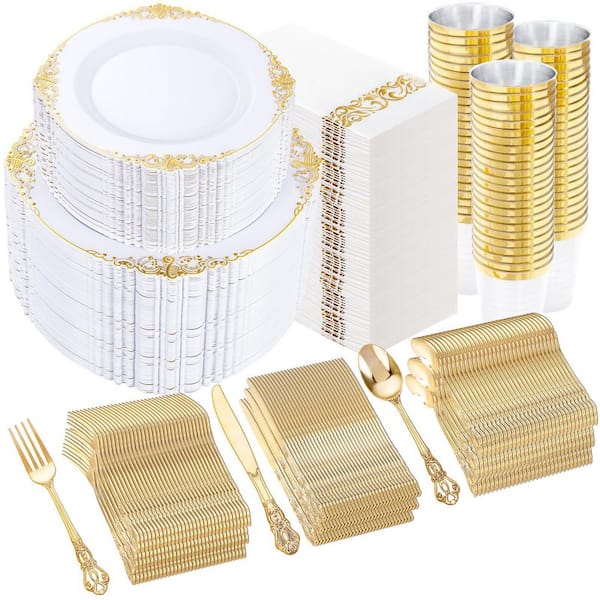 White and Gold Plastic Disposable Dinnerware Set for 100 Guests with Silverware and Cups (700-Piece)