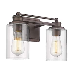 Farmhouse 13.6 in. 2-Light Oil-Rubbed Bronze Bathroom Vanity Light with Clear Glass Shades