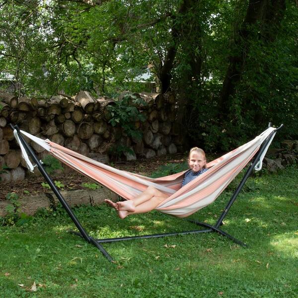 Premium Cotton Hammock with Space Saving Steel Stand Desert White Hammock with Stand Patio Outdoor Hammock Portable Carrying Bag Included Tree 